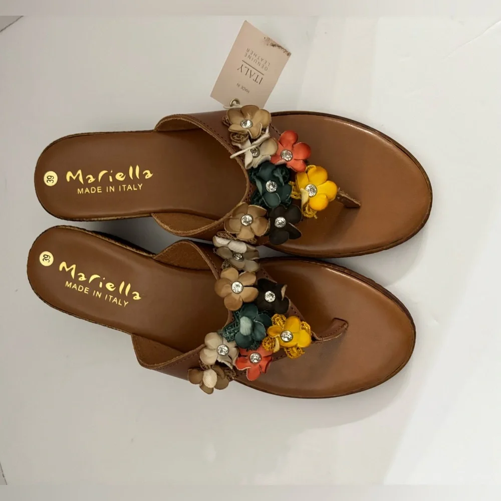 Mariella Women Made in Italy Tan Leather Floral Wedge Sandals Size 39 Summer
